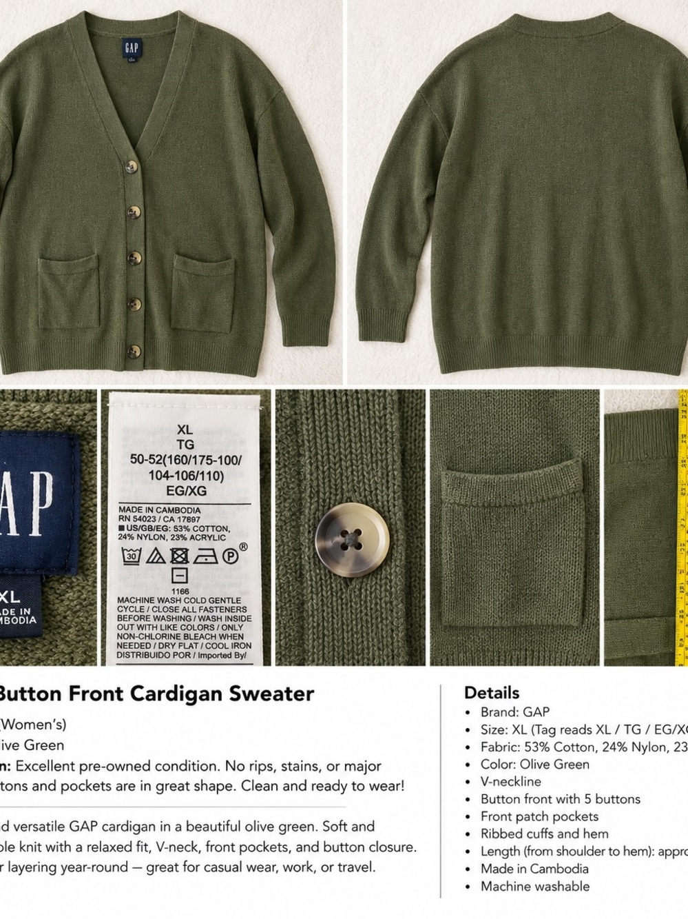 GAP Olive Green V-Neck Button Front Cardigan